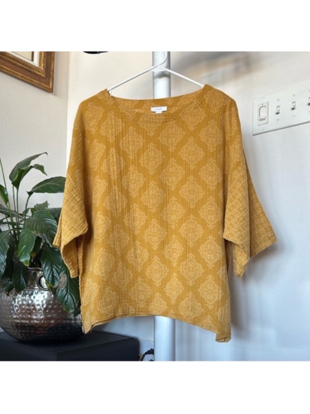 J Jill Purejill Muslin Gauze Mustard Cotton Boho Top Sz XS Boatneck Boxy